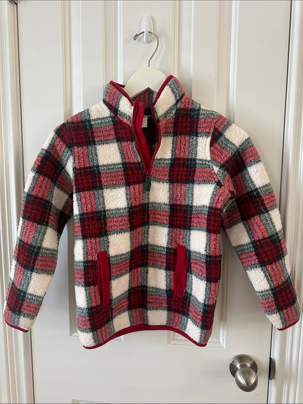 Gymboree Red, Green & White Plaid Quarter-Zip Sherpa Pullover